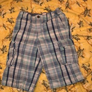 Boys blue plaid cargo shorts, Adjustable waist.